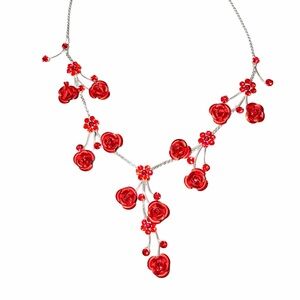 Red Floral Statement Necklace Silver Tone Boutique Style